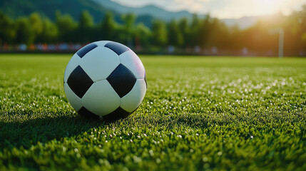 Fototapeta premium Black and white soccer ball lying on fresh green grass. Minimalist sport background for football-related designs, banners, and flyers with copy space.