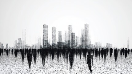 Abstract city scene, people walking, digital art, urban background, stock photo