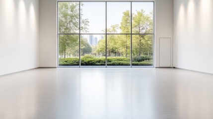 Fototapeta premium Empty Room Large Window Bright Minimalist Style High-Resolution Even Lighting Wide Angle View Polished Floor Open Space Natural Light Outdoors Serene Ideal for Real Estate Listings