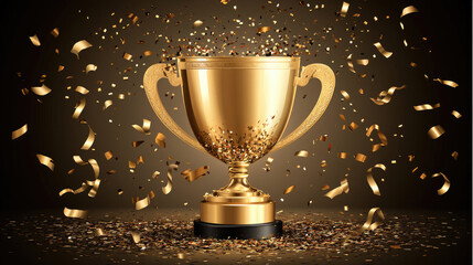 Shiny golden champion trophy cup surrounded by falling confetti, symbolizing sports victory, achievement, and excellence. Realistic celebration concept for flyer, banner, and copy space design