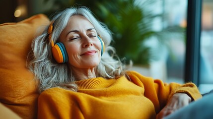 a senior woman at home listening to music through headphones while sitting on a soft sofa representing peaceful relaxation cozy lifestyle and comfort indoors
