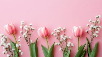 Fototapeta premium pink tulips and clusters of white baby's breath flowers, pastel pink background