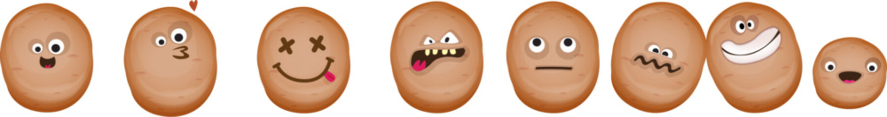 vector funny cartoon smiling potato character set isolated on white background. Funky Potato collection face with different expressions smiling, sad, angry, funny face. vegetable funky character set