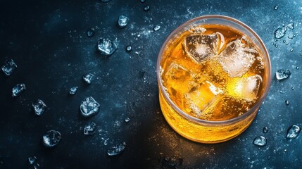 A refreshing glass of amber-colored soda with ice cubes sits on a dark, textured surface scattered with melting ice