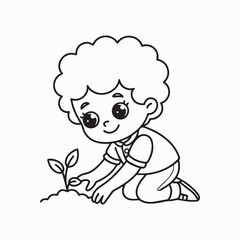 Fototapeta premium Cute Child Planting a Seedling – Cartoon Line Drawing, Spring Coloring Book Style Illustration. International Children's Book Day.