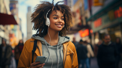 Obraz premium Woman with headphones and smartphone on the street