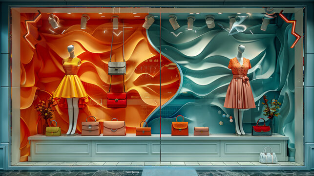 Colorful shop window with mannequins dressed in elegant dresses and holding various handbags on a bright wavy background in orange and turquoise tones
