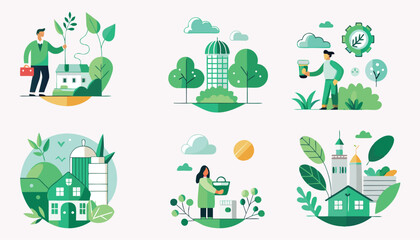 Obraz premium Vector set of eco and ecology icons featuring trees, cars, houses, and symbols for business, home, and children in a seamless, green design pattern
