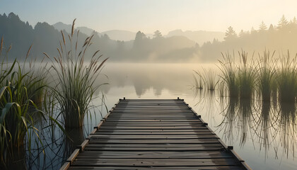 Fototapeta premium A peaceful lakeside scene with a wooden dock, tall grasses swaying in the breeze, and soft mist in the morning.