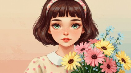 Fototapeta premium Cute illustration of a young girl holding a colorful bouquet of flowers.