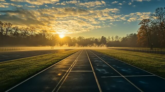 Serene sunrise over a misty running track in a tranquil park, inviting morning exercise and reflection