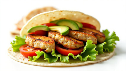 Grilled Chicken Wrap with Avocado, Lettuce, and Tomato – Healthy Fast Food on White Background