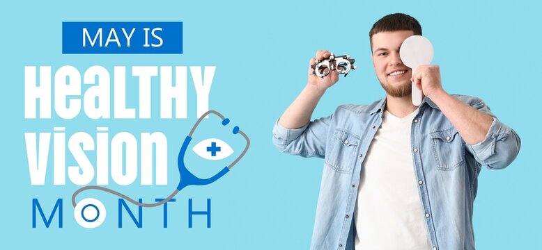 Young man with eye occluder and trial frame on blue background. Healthy Vision Month