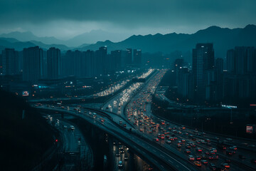 The vibrant city skyline at night, with tall buildings and fast-moving vehicles moving along the illuminated highway below.