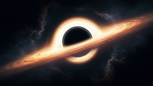 Simulated black hole image with a glowing accretion disk in deep space.