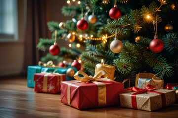 Closeup gift boxes under the pine tree with ornament and lighting at house