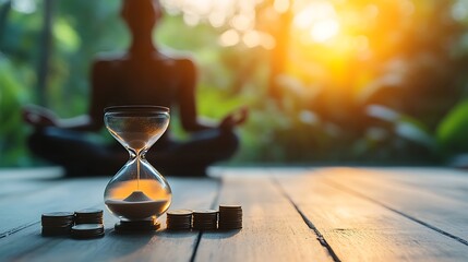 serene financial concept with coins and hourglass meditation person showing harmony between money time prosperity success balance planning and wealth creation