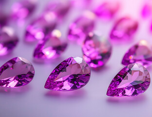 Fototapeta premium Glistening amethyst teardrop gemstones scattered on soft background, showcasing their vibrant purple hues and intricate facets, creating luxurious and elegant display