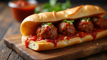 Classic Meatball Sub Sandwich with Marinara Sauce and Melted Cheese