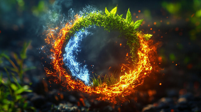 The four elements of nature Earth wind fire air water forming a circular shape breathtaking creative design dramatic dark background emphasizing elements in the center wide shot 