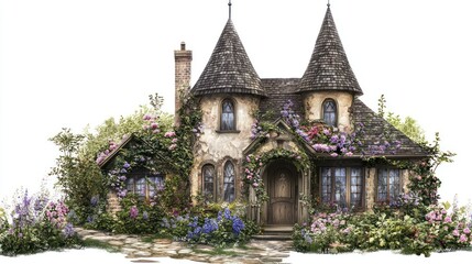 Charming cottage nestled in garden, fairytale home, idyllic scene, perfect for background use