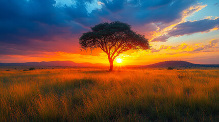 Fototapeta premium Majestic African Savanna Sunset with Dramatic Sky and Lone Acacia Tree in Golden Grassland