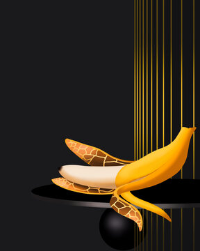 Abstract still life of a banana with a giraffe pattern lining