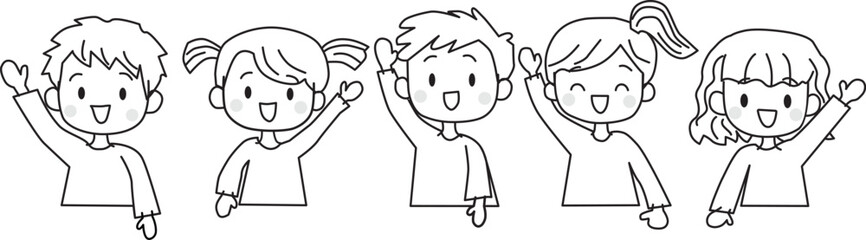 Line drawing of cute kids raising hands. Simple, flat. Vector illustration