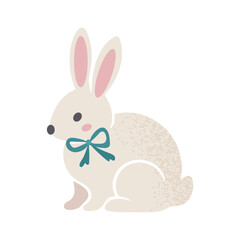 Cute rabbit with a blue bow around its neck, isolated on white background, vector illustration.