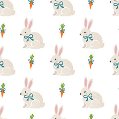 Seamless pattern and texture with cute rabbits, blue bow ties and carrots, Easter, vector illustration.