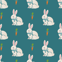 Seamless pattern and texture with cute rabbits, blue bow ties and carrots, Easter, vector illustration.