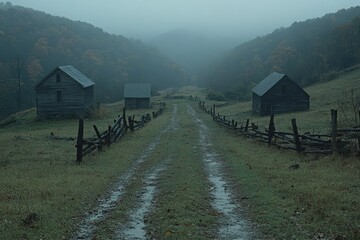 Misty valley road with old farm buildings
