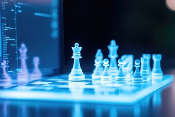 Illuminated chess pieces on digital board showcase futuristic ga