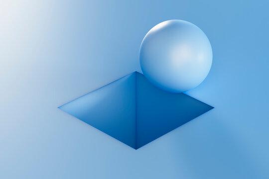 Abstract 3D rendering of a blue ball and hole in a minimalist design