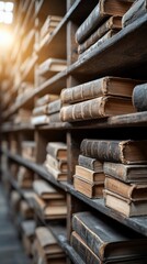 Fototapeta premium Antique bookshelves, old books, library, sunlit, knowledge
