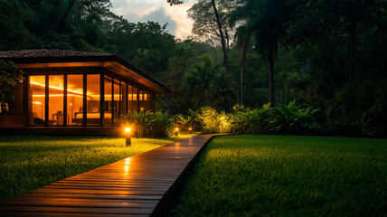 Obraz premium modern wooden house surrounded by lush greenery, featuring wooden walkway illuminated by soft lights. serene atmosphere invites relaxation and tranquility