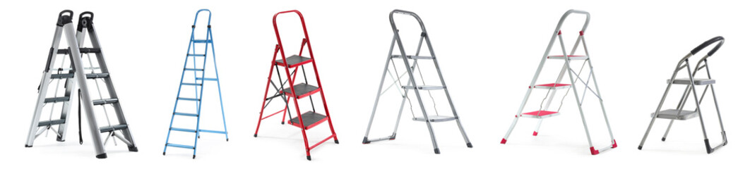 Set of stepladders on white background