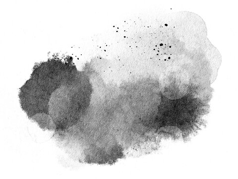 Abstract ink background, grunge art. Black paint stroke texture on white paper in marble style. Wallpaper for web design and games. Hand drawn watercolor isolated illustration
