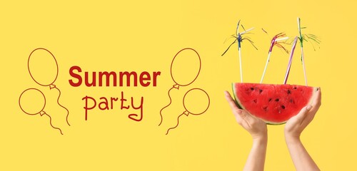 Banner for Summer Party with female hands holding slice of sweet watermelon
