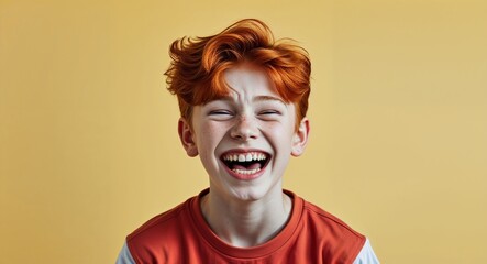 redhead teen boy on yellow plain bright background happy laughing hysterical looking at camera portrait banner with copy space ad concept marketing
