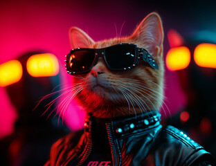 Naklejka premium cute and happy cyberpunk cat wearing futuristic sunglasses, with stylish leather jacket, surrounded by mysterious figures in background. vibrant colors create lively atmosphere