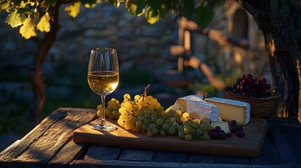 Fototapeta premium A rustic wooden table set with a glass of wine, cheese, and fresh grapes, in soft evening light pic