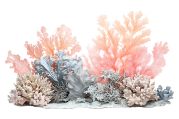 Elegant coral reef composition with pastel pink white and gray sea fans and corals isolated on transparent background