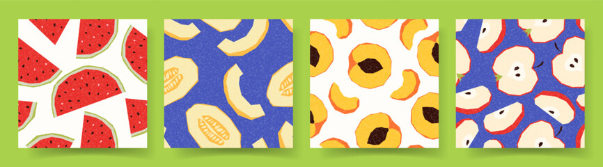 Set of seamless patterns with fruit. Vector illustration with colourful summer fruit and berries. Summer bright patterns design for party, branding, covers, sale, events, promo flyers.