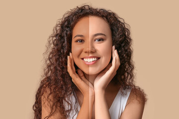 Happy young African-American woman with healthy moisturized skin on beige background