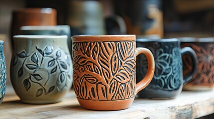 A set of handmade ceramic mugs with intricate designs on a table pic