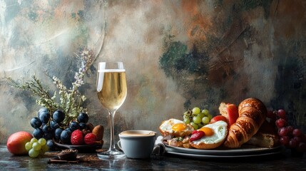 Champagne glass with breakfast and brunch items such as croissants, eggs benedict, coffee, and fruits
