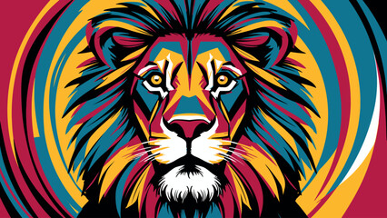 Colorful Illustrated Lion Artwork with Vibrant Abstract Patterns  