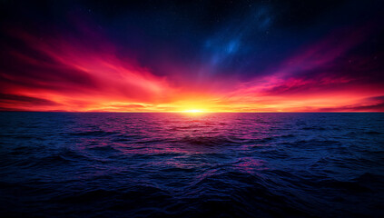 vibrant sunset over ocean, with dramatic clouds and colorful sky reflecting on water surface, creating serene and breathtaking view