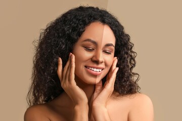 Beautiful young African-American woman before and after tanning on beige background